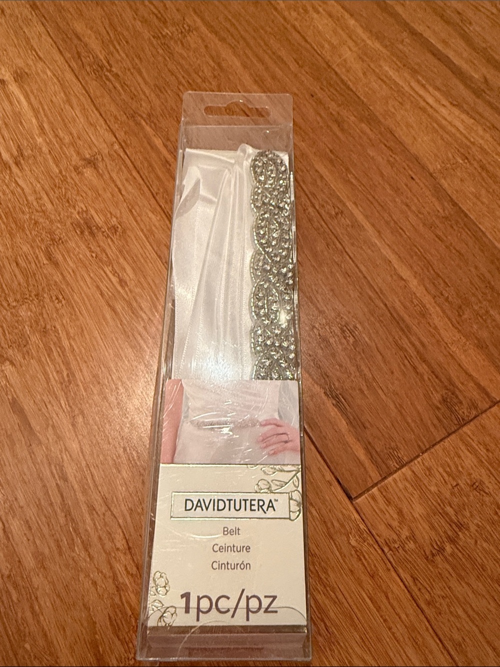 David Tutera White Ribbon Belt with Silver Sequin Trim NEW